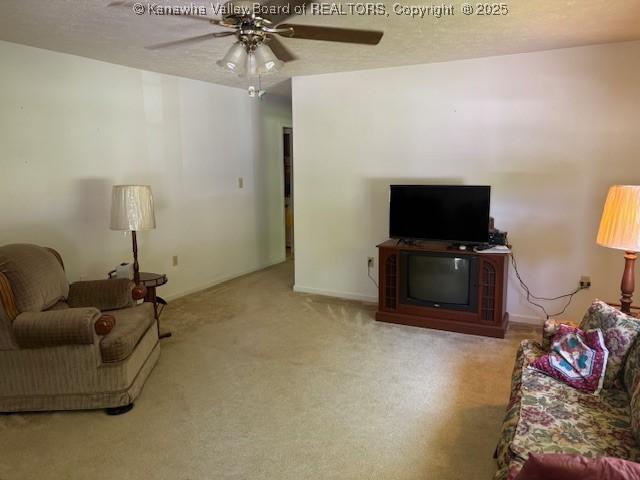 3202 Wallback Rd, Wallback, WV 25285 - carpeted living room featuring ceiling fan and a textured ceiling