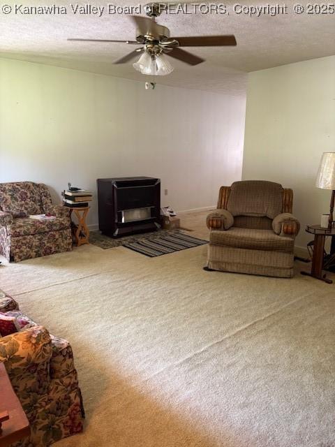 3202 Wallback Rd, Wallback, WV 25285 - living room with carpet floors, ceiling fan, and a textured ceiling