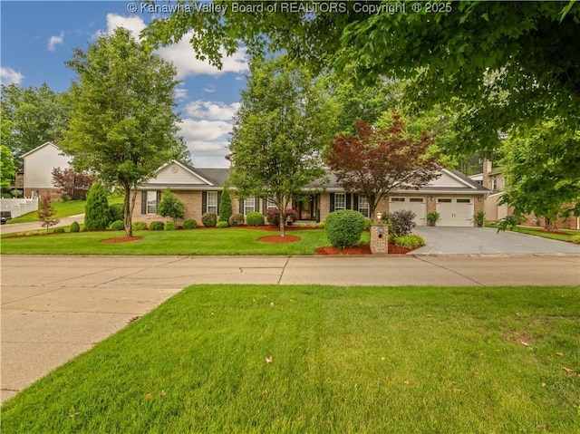 53 Wildrose Ln, Scott Depot, WV 25560 - view of front of home featuring driveway, a front lawn, an attached garage, and brick siding