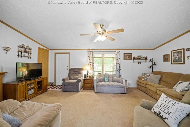 2873 Oak Hill Ridge Rd, Bomont, WV 25030 - carpeted living room featuring ornamental molding, vaulted ceiling, a textured ceiling, and ceiling fan