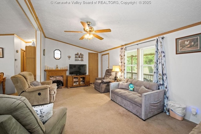 2873 Oak Hill Ridge Rd, Bomont, WV 25030 - living area featuring crown molding, light carpet, a ceiling fan, and a textured ceiling
