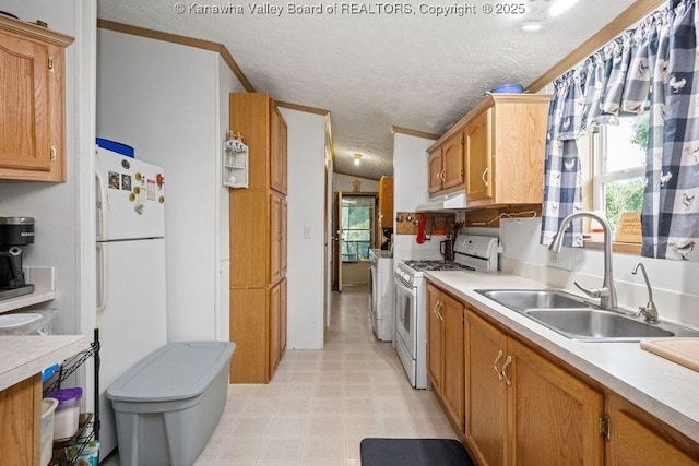 2873 Oak Hill Ridge Rd, Bomont, WV 25030 - kitchen featuring white appliances, light flooring, a textured ceiling, light countertops, and under cabinet range hood