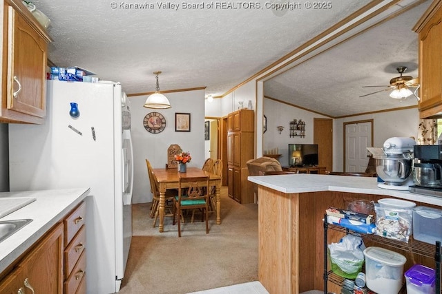 2873 Oak Hill Ridge Rd, Bomont, WV 25030 - kitchen with ornamental molding, vaulted ceiling, freestanding refrigerator, a textured ceiling, and light countertops