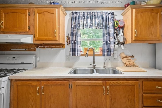 2873 Oak Hill Ridge Rd, Bomont, WV 25030 - kitchen with white gas stove, under cabinet range hood, light countertops, and brown cabinetry
