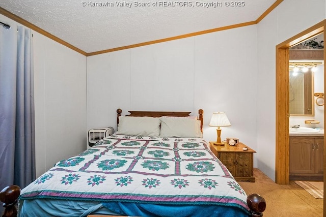 2873 Oak Hill Ridge Rd, Bomont, WV 25030 - carpeted bedroom with ornamental molding, a textured ceiling, and ensuite bath