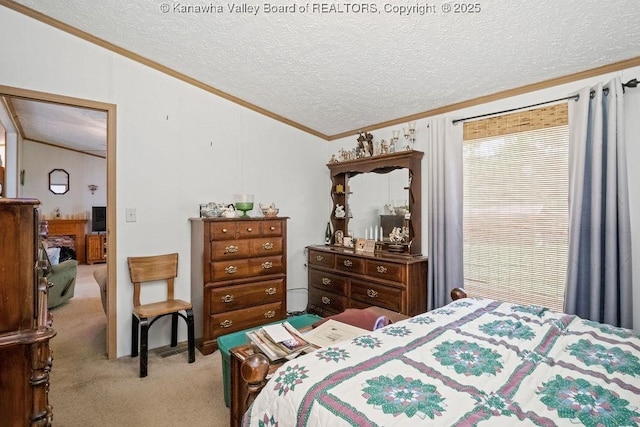 2873 Oak Hill Ridge Rd, Bomont, WV 25030 - bedroom with ornamental molding, light colored carpet, a textured ceiling, and vaulted ceiling
