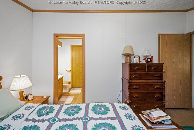 2873 Oak Hill Ridge Rd, Bomont, WV 25030 - bedroom with ornamental molding, carpet, and connected bathroom
