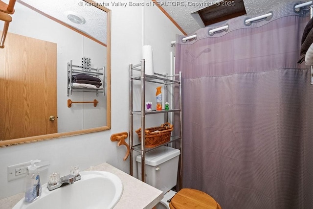 2873 Oak Hill Ridge Rd, Bomont, WV 25030 - full bath with vanity, ornamental molding, curtained shower, and a textured ceiling