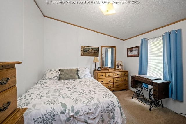 2873 Oak Hill Ridge Rd, Bomont, WV 25030 - bedroom with ornamental molding, lofted ceiling, light carpet, and a textured ceiling