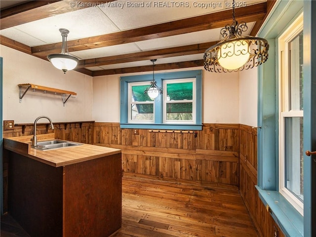 412 C St, Saint Albans, WV 25177 - kitchen featuring wooden counters, open shelves, beam ceiling, hardwood / wood-style floors, and wood walls