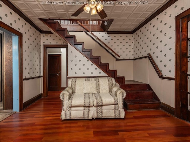 412 C St, Saint Albans, WV 25177 - stairs featuring wallpapered walls, an ornate ceiling, a ceiling fan, wood finished floors, and ornamental molding
