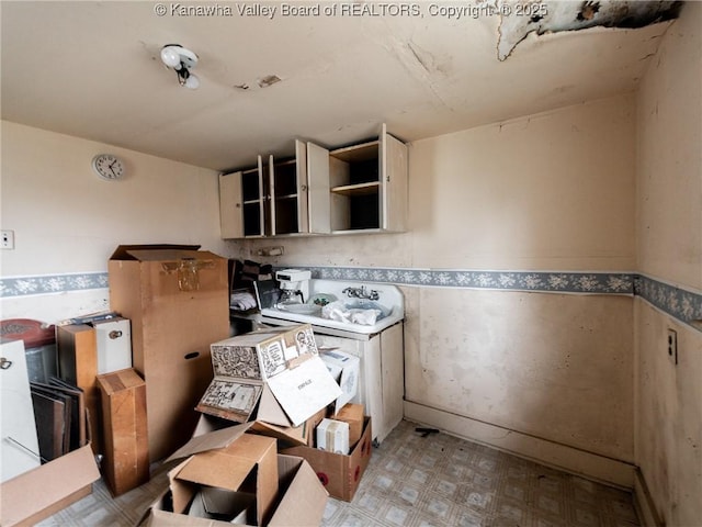412 C St, Saint Albans, WV 25177 - kitchen with light flooring, open shelves, and wainscoting
