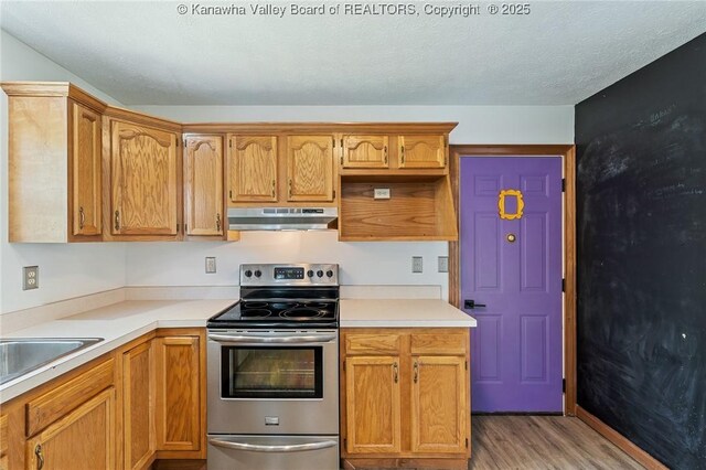 1571 Thistlewood Cir, Hurricane, WV 25526 - kitchen featuring stainless steel electric range oven, under cabinet range hood, light wood-style floors, and light countertops
