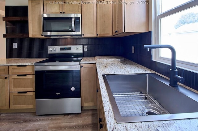 911 Dupont Ave, Nitro, WV 25143 - kitchen featuring stainless steel appliances, open shelves, dark wood-style floors, and light stone counters