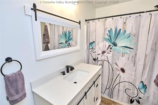 911 Dupont Ave, Nitro, WV 25143 - bathroom featuring vanity, a shower with curtain, and wood finished floors
