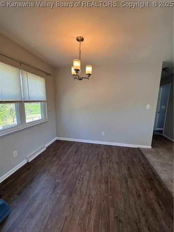 3007 Sansom Ct, Milton, WV 25541 - unfurnished room featuring a chandelier, a baseboard radiator, and dark wood-type flooring