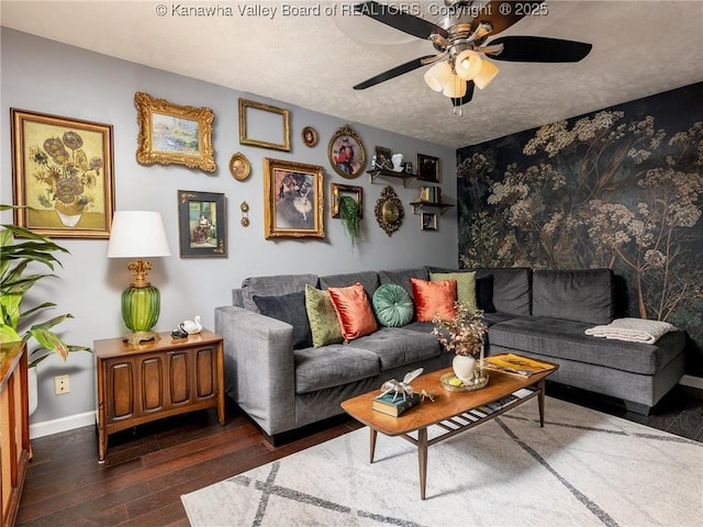 732 Jordan Pl, Nitro, WV 25143 - living room with dark wood-style flooring, a ceiling fan, and a textured ceiling