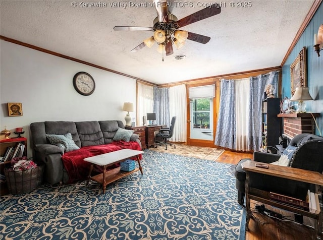 15 Eagle Flight Rd, Ripley, WV 25271 - living room featuring ornamental molding, a textured ceiling, a ceiling fan, a desk, and wood finished floors