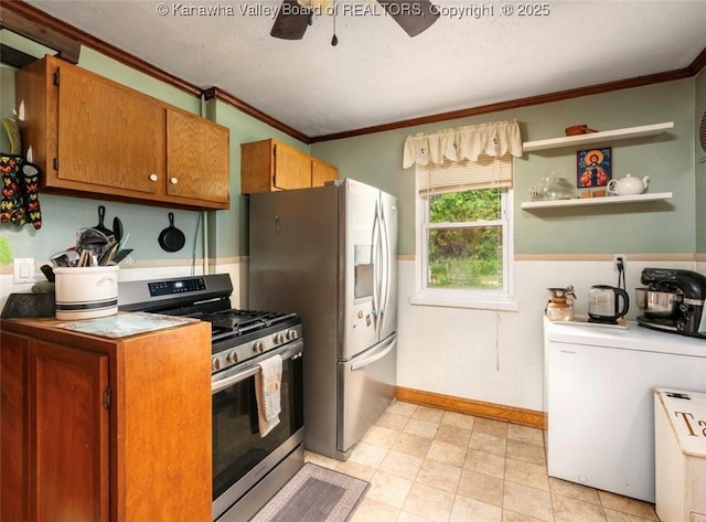 15 Eagle Flight Rd, Ripley, WV 25271 - kitchen featuring appliances with stainless steel finishes, ornamental molding, ceiling fan, a wainscoted wall, and brown cabinetry