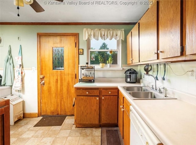 15 Eagle Flight Rd, Ripley, WV 25271 - kitchen featuring light countertops, ceiling fan, white dishwasher, brown cabinets, and crown molding