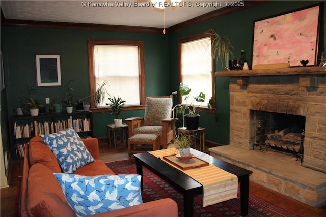 1840-A Oakridge Dr, Charleston, WV 25311 - living room with crown molding, a stone fireplace, and wood finished floors