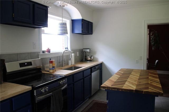 1840-A Oakridge Dr, Charleston, WV 25311 - kitchen featuring electric range, wood counters, blue cabinetry, stainless steel dishwasher, and light tile patterned floors