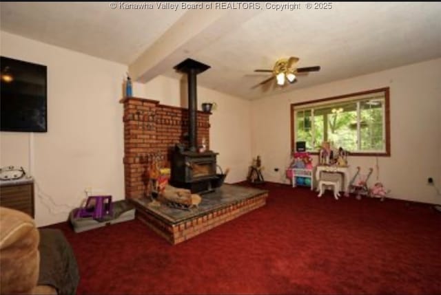 690 Rambling Hills Rd, Elkview, WV 25071 - carpeted living room featuring a wood stove and ceiling fan