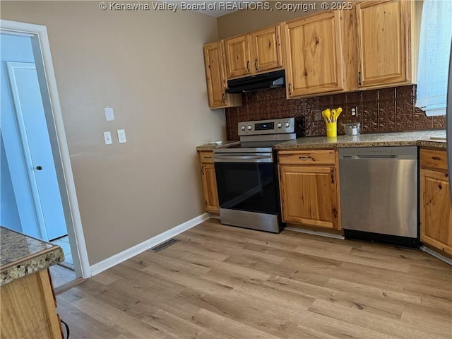 1524 Fenton Cir, Nitro, WV 25143 - kitchen with appliances with stainless steel finishes, under cabinet range hood, light wood-type flooring, and tasteful backsplash