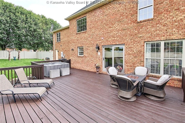 1004 Wethersfield Xing, Hurricane, WV 25526 - deck with a fenced backyard, a jacuzzi, and outdoor dining area