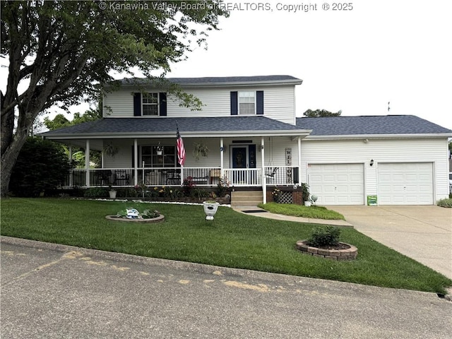 9 White Oak Dr, Culloden, WV 25510 - view of front of home with a porch, an attached garage, driveway, a front lawn, and a shingled roof