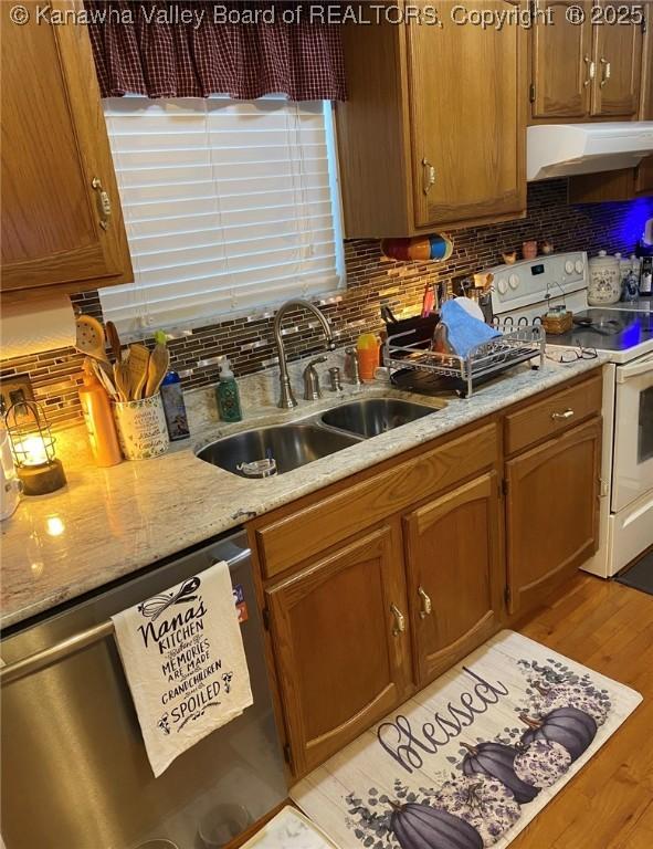 9 White Oak Dr, Culloden, WV 25510 - kitchen featuring white range with electric stovetop, under cabinet range hood, dishwasher, and decorative backsplash