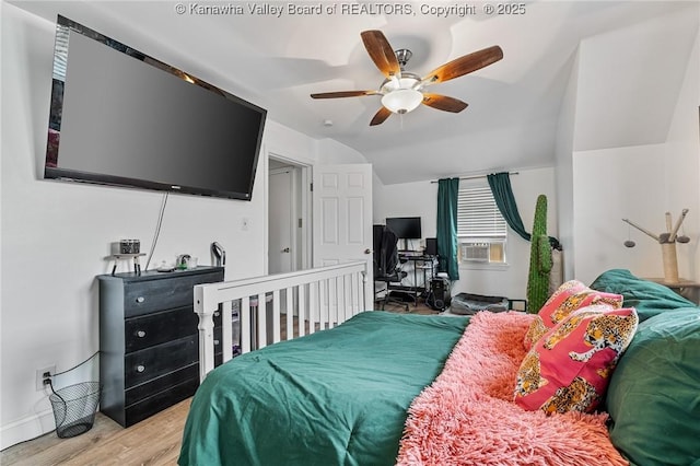 916 Amherst Dr, Charleston, WV 25302 - bedroom featuring light wood-style flooring, lofted ceiling, and a ceiling fan