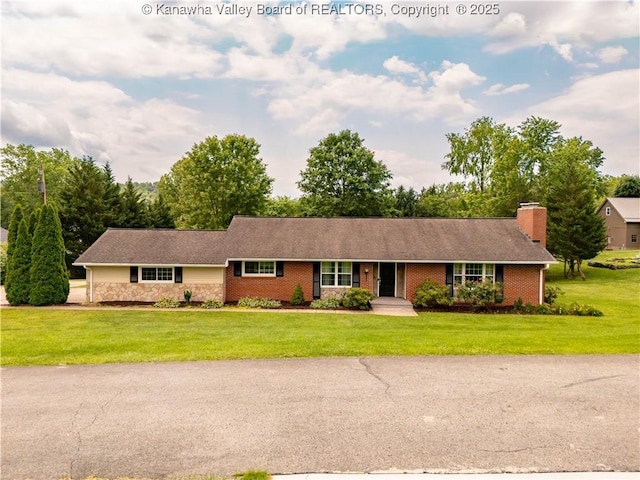 227 Maplewood Ests, Scott Depot, WV 25560 - ranch-style home with a front lawn, a chimney, stone siding, and brick siding