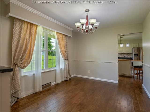 227 Maplewood Ests, Scott Depot, WV 25560 - unfurnished dining area featuring dark wood finished floors, a chandelier, plenty of natural light, and ornamental molding