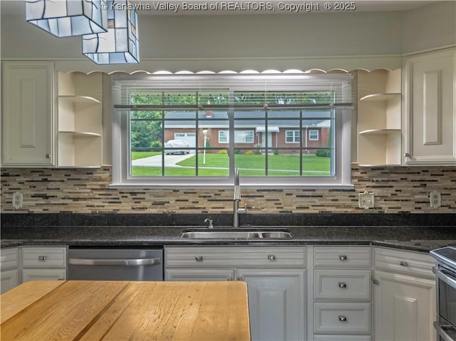 227 Maplewood Ests, Scott Depot, WV 25560 - kitchen with appliances with stainless steel finishes, open shelves, white cabinetry, and backsplash