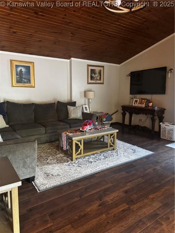 969 Airport Rd, Chapmanville, WV 25508 - living room featuring wooden ceiling, lofted ceiling, ornamental molding, and hardwood / wood-style floors