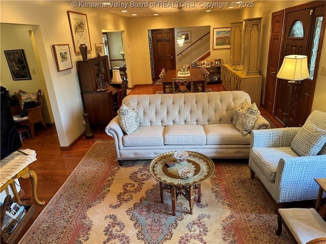201 Sheridan Cir, Charleston, WV 24315 - living area featuring wood finished floors, stairway, and recessed lighting