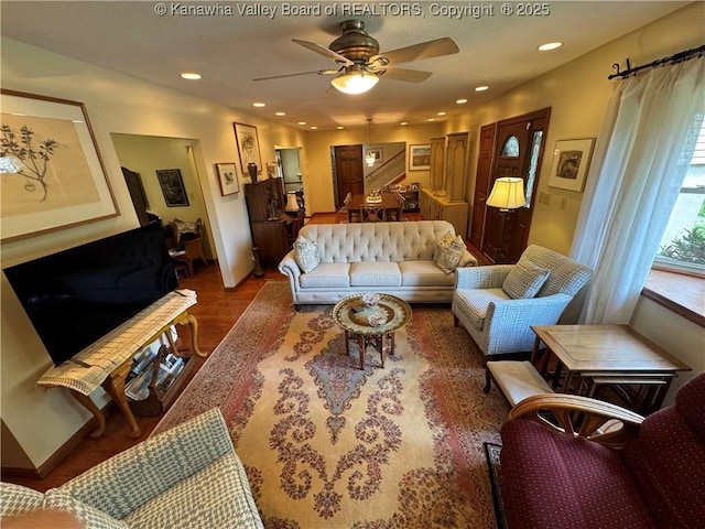 201 Sheridan Cir, Charleston, WV 24315 - living room featuring a ceiling fan, wood finished floors, and recessed lighting