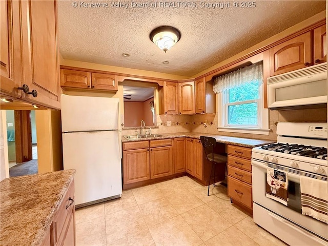108 W Main St, Belle, WV 25015 - kitchen with white appliances, backsplash, a textured ceiling, brown cabinetry, and light tile patterned floors