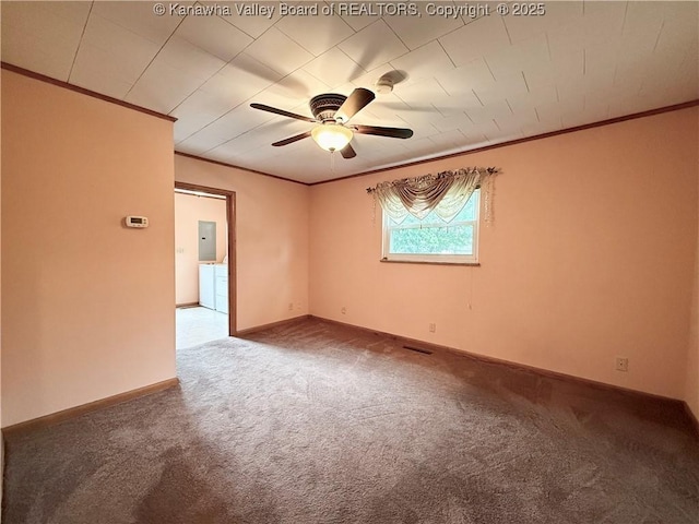 108 W Main St, Belle, WV 25015 - carpeted empty room featuring washer and dryer, crown molding, a ceiling fan, and electric panel