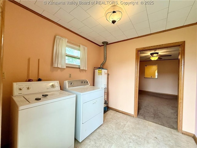 108 W Main St, Belle, WV 25015 - laundry area with water heater, washer and clothes dryer, ornamental molding, light carpet, and ceiling fan
