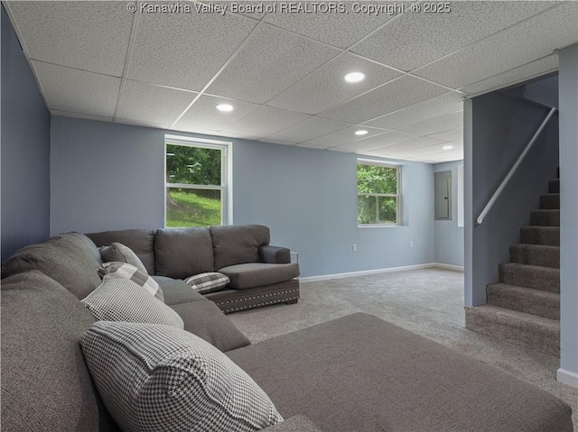 5285 Kelly Rd, Charleston, WV 25313 - carpeted living room with stairs, recessed lighting, electric panel, and a paneled ceiling