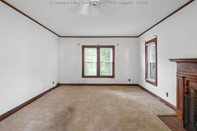 104 E Riverview Dr, Belle, WV 25015 - unfurnished living room with carpet floors, a ceiling fan, plenty of natural light, and ornamental molding
