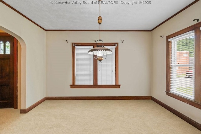 104 E Riverview Dr, Belle, WV 25015 - spare room featuring light carpet, arched walkways, ornamental molding, and a textured ceiling