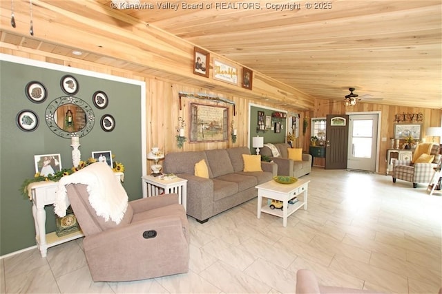 960 Grandview Rd, Daniels, WV 25832 - living room featuring wood ceiling, wood walls, a ceiling fan, and lofted ceiling