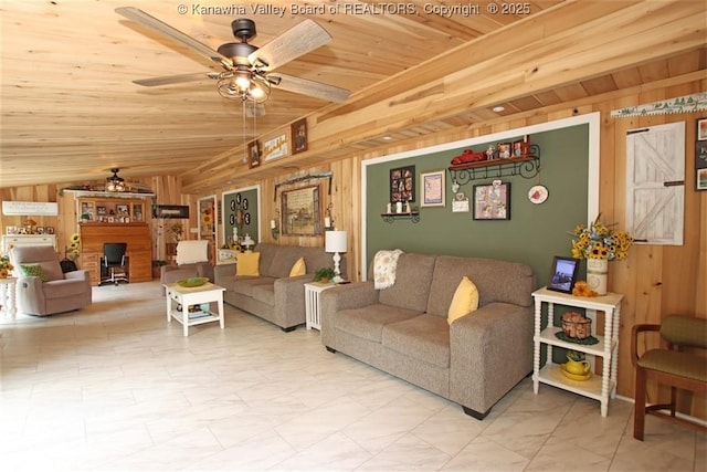 960 Grandview Rd, Daniels, WV 25832 - living area featuring wood walls, wood ceiling, ceiling fan, and lofted ceiling