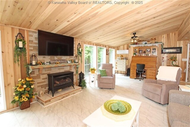 960 Grandview Rd, Daniels, WV 25832 - living area with wooden walls, vaulted ceiling, ceiling fan, wooden ceiling, and an office area