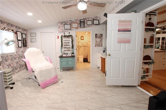 960 Grandview Rd, Daniels, WV 25832 - living area with ceiling fan, wallpapered walls, light marble finish flooring, and recessed lighting