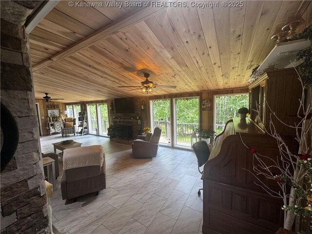 960 Grandview Rd, Daniels, WV 25832 - living area featuring wood ceiling, a fireplace, and a ceiling fan
