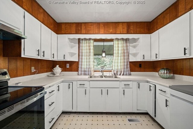 9627 Procious Maysel Rd, Procious, WV 25164 - kitchen with electric range oven, open shelves, light countertops, and wooden walls